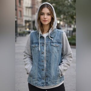 Light Wash Denim Jacket with Gray Hooded Sleeves size M